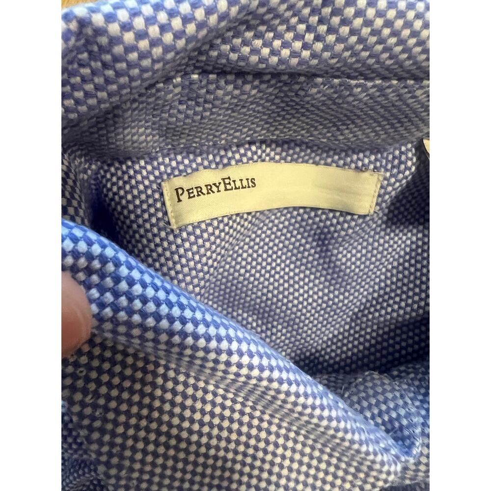 Perry Ellis Men's Large Blue Micro-Check French Cuff Button Down Dress Shirt - Picture 7 of 7
